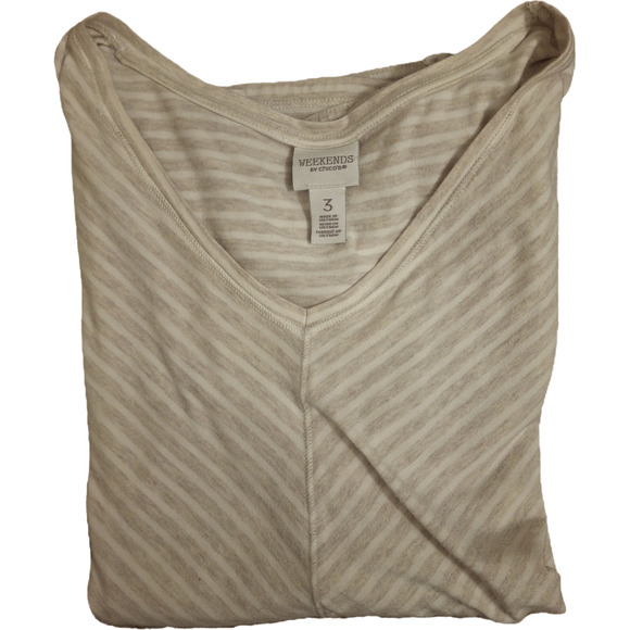 Weekends by Chico's Size 3 Beige Striped V-Neck Short Sleeve Casual Top - Picture 1 of 7